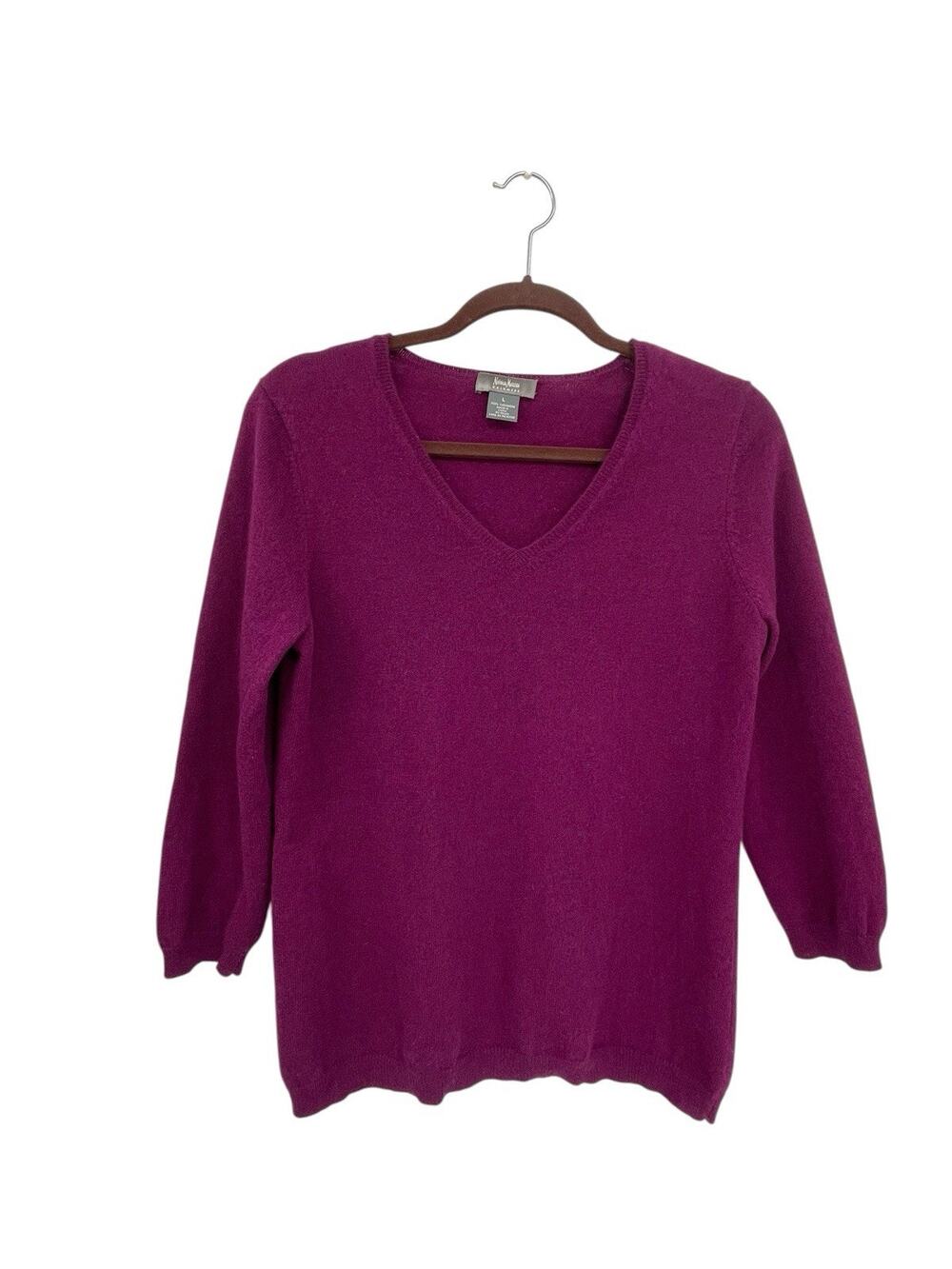 Neiman Marcus Cashmere Sweater V-neck 3/4 Sleeve Purple Size Large
